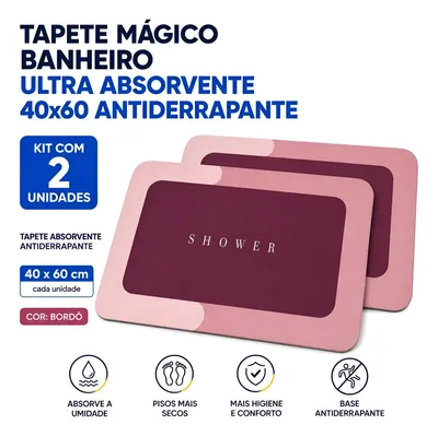 Kit 2 Tapetes Mágico Para Banheiro 40x60 Ultra Absorção Bordô Shower