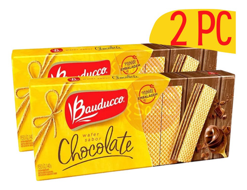 Kit Bolacha Biscoito Wafer Chocolate Bauducco 140g - 2 Pc