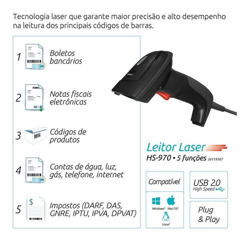 Leitor de código de barras Comtac HS-970 USB 1D 5V preto