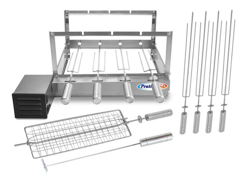 Churrasqueira Giratória Grill 4 Espetos Inox Grelha + Brinde