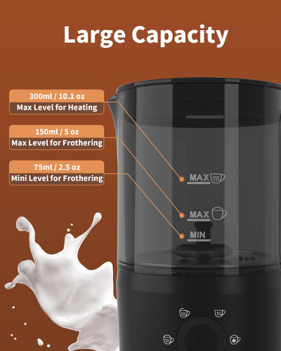 Espumador De Leche Eléctrico 4 En 1 Black 10 Onzas Negro