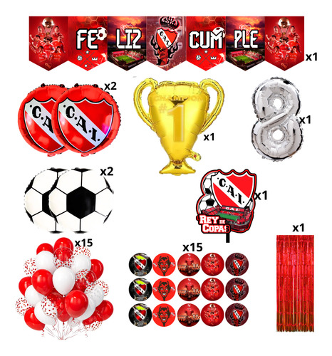 Pack Globos Independiente Banderin Stickers Toppers Número Plateado Número 6