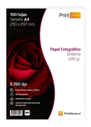 Papel Fotográfico, Printhome, 200gr Brillante A4x100hjs