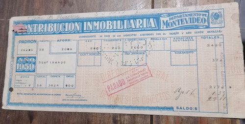 Antiguo Recibo Contribución Inmobiliaria Montevideo 1959