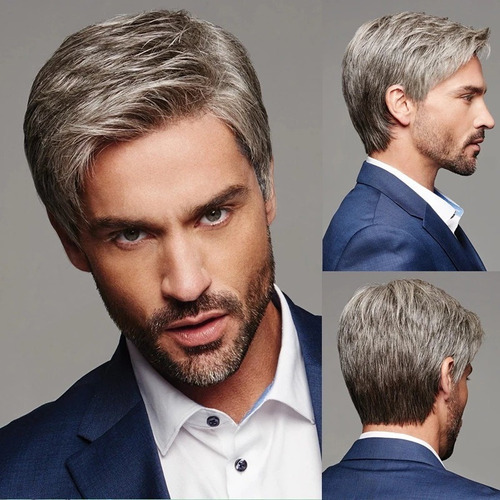 Peluca Para Hombre Peluca De Pelo Oblicuo Marrón Gris Tono Gray