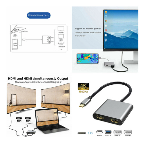 Estación De Acoplamiento Usb C 4 En 1 Con 2 Hdmi Y 4k