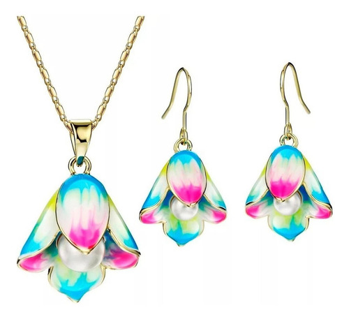 Fino Collar Y Aretes Flor Con Perla Cultivada Oro 18k Lam Color Dorado