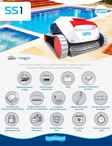 Robô Aspirador Automático C/ Filtro Para Limpeza De Piscinas Até 10m Modelo Ss1 - Sodramar