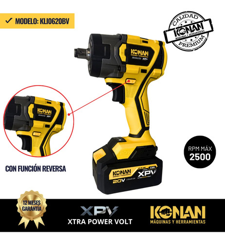 Llave De Impacto 20v Encastre 1/2 Xtra Power V Konan 650nm Amarillo 50hz