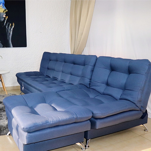Sala Moderna Esquinera Gris Sofá Sillón Y Taburete Florencia Color Azul Marino