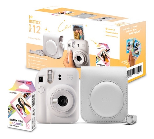 Kit Câmera Instax Mini 12 + 10 Fotos Macaron + Bolsa Branca