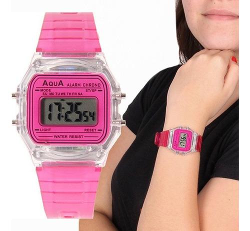 Relogio Feminino Digital Aqua Esporte Serv Adulto E Infantil Cor da correia Da cor do relógio Cor do bisel Pink AQ-81