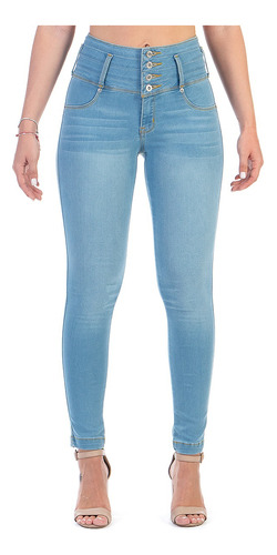 Jeans Dama Corte Colombiano Mezclilla Stretch Azul Alforzas
