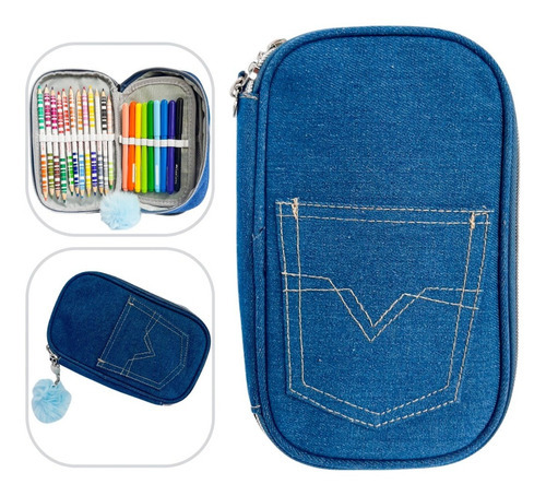 Estojo Escolar Bolsa Modelo Calça Jeans Moderno Lapis Caneta