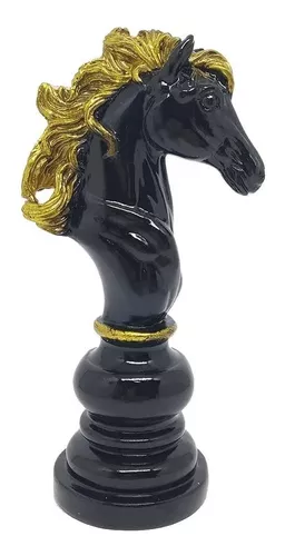 Decoração Peças De Xadrez Preto Dourado Cavalo Grande Resina