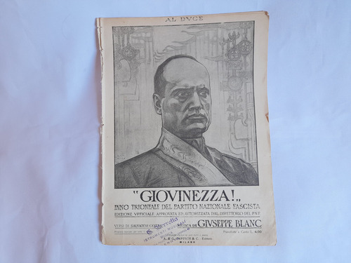 Antigua Partitura Giovinezza, Gotta, Blanc. Mussolini Guerra