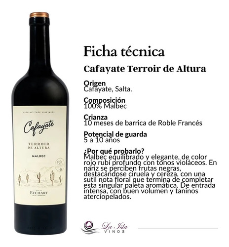 Imagen 2 de 10 de Vino Cafayate Terroir De Altura Malbec Caja X 6 X 750ml.