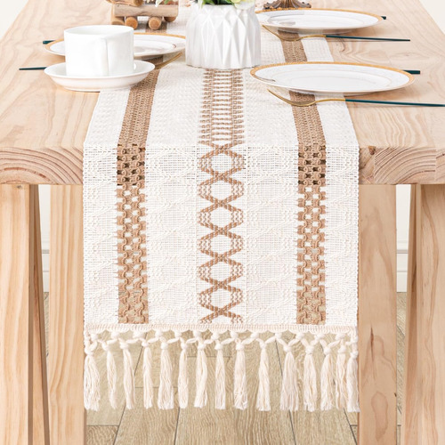 Boho Table Runner With Tassels Macrame Cotton Linen Rustic T