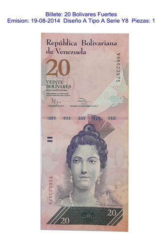 Billetes Antiguos De Venezuela 20 Bs F.  19-08-2014 Serie Y8
