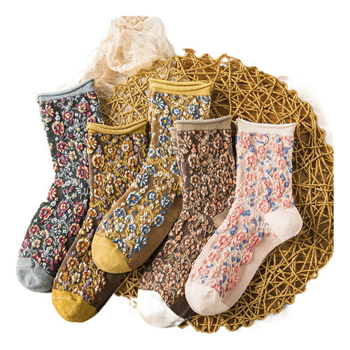 5 Pares Calcetines Florales Fe Invierno Bordados Vintage