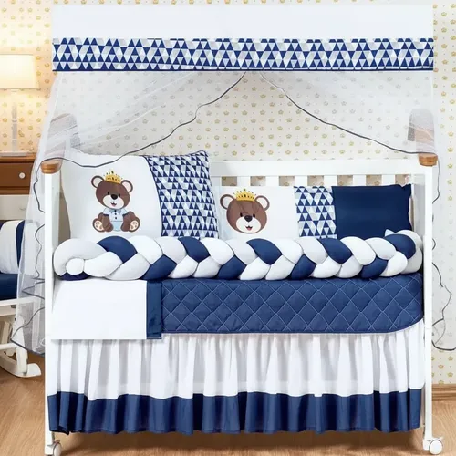 Kit  Berço Urso Rei Trança  Para Menino Azul ​Marinho Premium