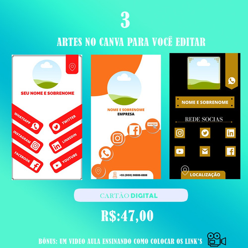 Imagem 1 de 4 de Cartão Digital Canva 3 Artes