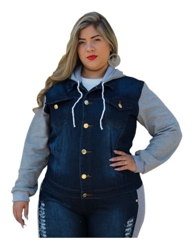 Jaqueta Jeans Plus Size Com Moletom Com Capuz Blusa Feminina