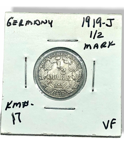 Moneda D Plata 1/2 Marco Imperio Alemán Año 1919-j Ley 0.900 (Usado)