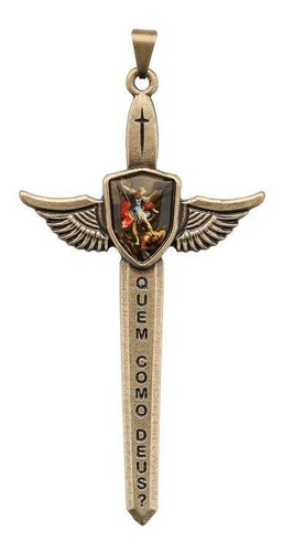 Pingente Espada De São Miguel Arcanjo 8cm Metal Ouro Velho