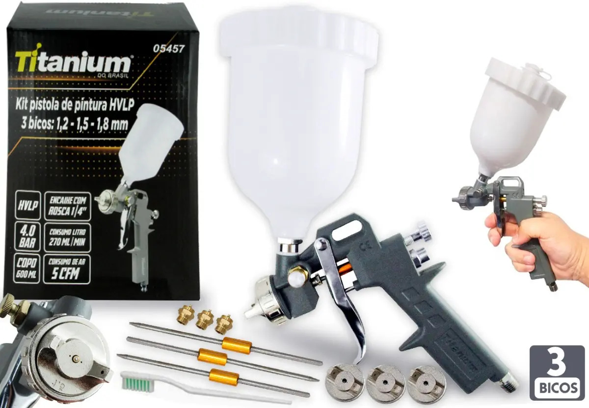 Pistola de Pintura Gravidade HVLP Titanium 600ml com 3 Bicos 1.2 1.5 1.8