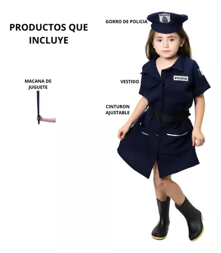 Disfraz Vestido Azul Policia Oficio Con Gorro Y Macana Para Niña