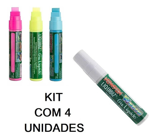 Giz Líquido, Newpen, Window, Ponta Jumbo Kit Com 4 Cores