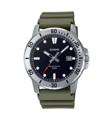 Reloj Casio MTP-VD01-3EVUDF para hombre, color verde militar, correa, color verde musgo, bisel, color plateado, fondo negro