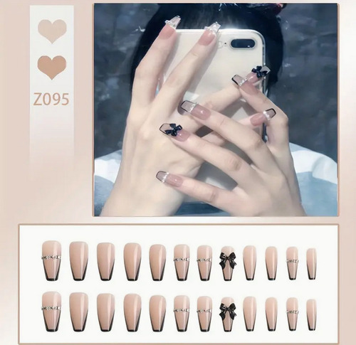 24 Pz Uñas Postizas Moño Negro Ataud Nude Tips Press On Nude Mono Negro