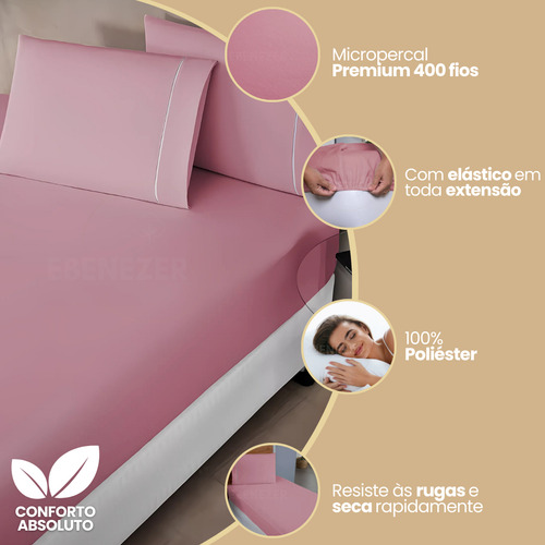 Lençol Solteiro Padrão Com Fronha Ponto Palito 400 Fios Toque Suave Macio C/ Elástico 2 Peças Rose