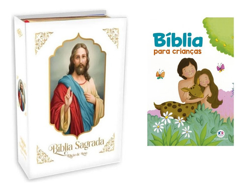 Bíblia Ilustrada Católica +  Livro Com Histórias Bíblicas Para As Crianças. Kit Bíblico Edição Luxo