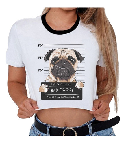  Blusa Crop Top--- Perrito Pug---cuello Blco/negro 