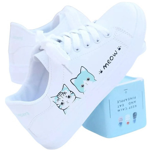 Zapatos Blancos Con Estampado De Gatos Lindos Para Mujer