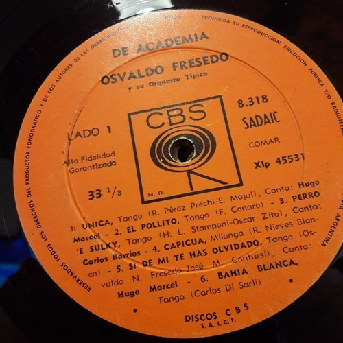 Sin Tapa Disco Osvaldo Fresedo De Academia T0