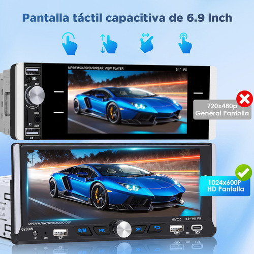 Autoestereos Pantallas Hoviz Auto Estéreo 1din Ips Hd Inalámbrico Carplay Android Auto Bt Fm Rds Rca Negro Estereo Pantalla 6.9 Pulgadas Reproductor Multimedia Auto Pantalla Para Auto H30