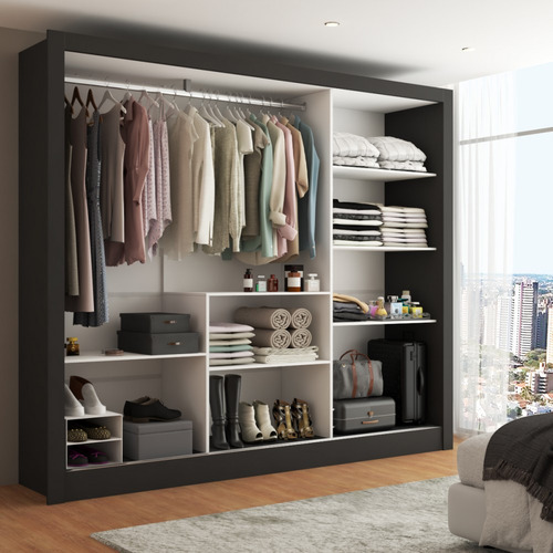 Guarda-roupa Casal Katherine Slim 3 Portas Com Espelho Cor Preto