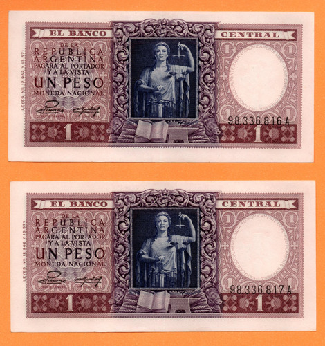 2 Billetes $1 Moneda Nacional, Bottero 1910, Año 1953 Exc +