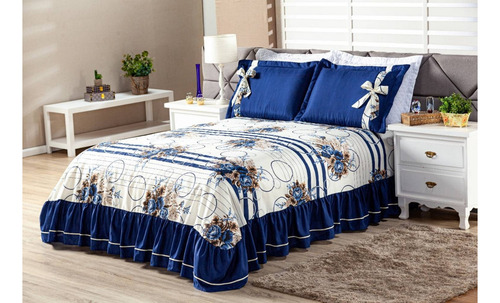 Kit Cobre Leito Casal Padrão Com Babado E Laço 3 Peças Cor Azul Floral