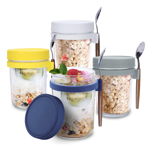 Paquete De 4 Tarros De Avena Para La Noche Con Tapas Y Cucha