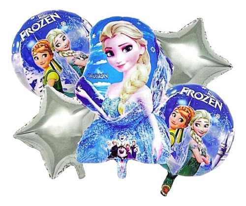 Set 5 Globos Metalizado Frozen Elsa Feliz Cumple Apto Helio