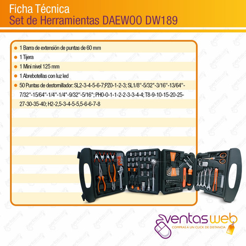Imagen 7 de 8 de Set De Herramientas Manuales 189 Piezas Daewoo C/ Maletin