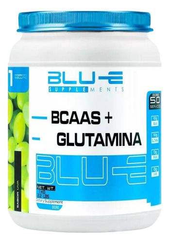 BLU-E Supplements BCAAS y Glutamina Fórmula 0% Carbohidratos Grasas 10g 10g Glutamina por Porción 50 Servicios Libre de Gluten Sabor Uva