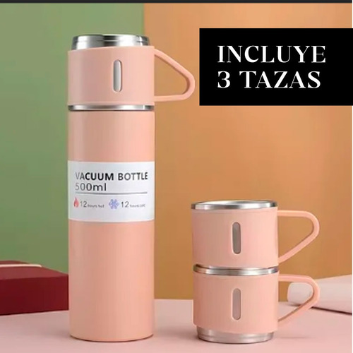 Termo Bebidas Frias Y Calientes En Acero Inoxidable+ 3 Tazas Beige