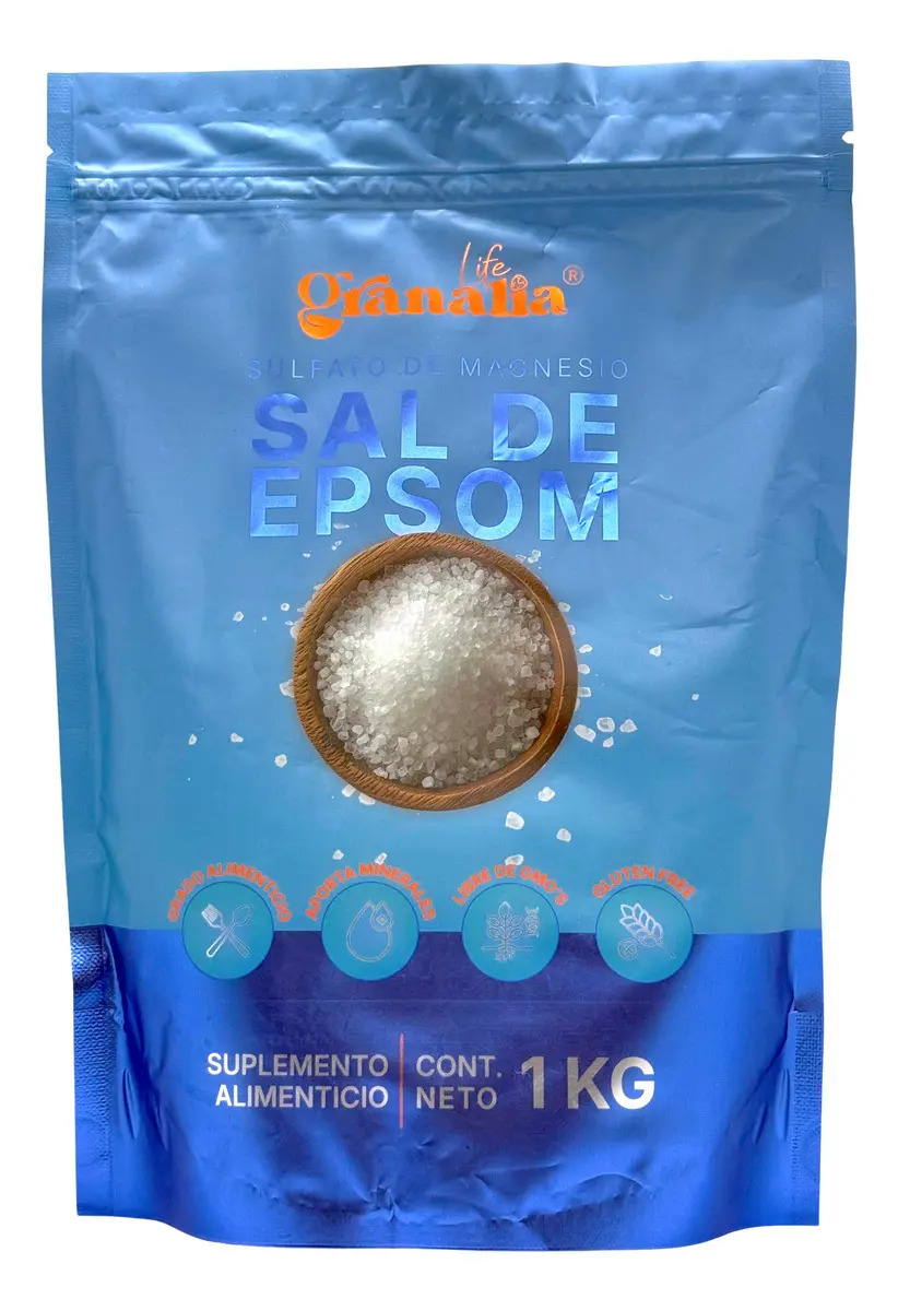 Granalia Life Sal de Epsom 1kg | Sulfato de Magnesio 100% Puro | Grado Alimenticio | Relajante muscular diario, Exfoliación, Masaje | Sin Colorantes, Sin olor, sin sabor