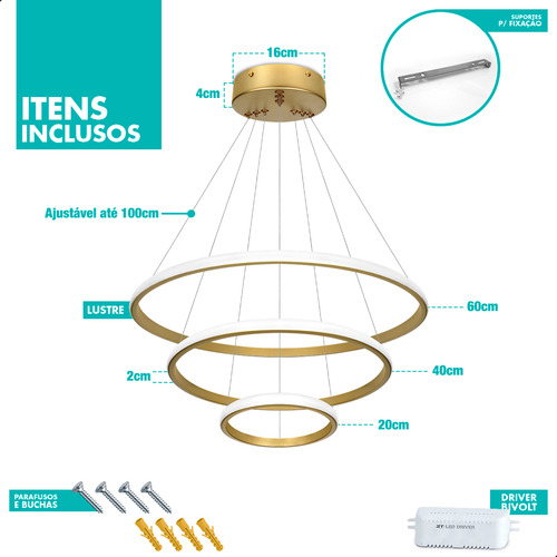 Lustre Pendente Led Moderno Anéis Led 89w 3 Arcos Preto Estrutura Dourado 110v/220v